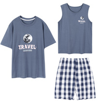 Mens sleepwear summer thin short sleeves Vest Shorts Three sets Summer size casual Home Casual Home Wear for outside wear