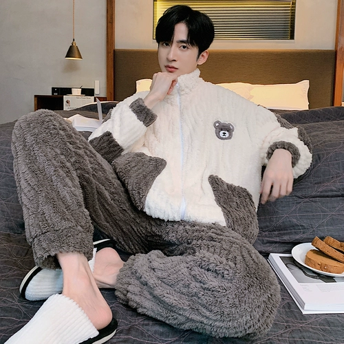 Мужская коралловая бархатная демисезонная мультяшная утепленная фланелевая пижама с молнией