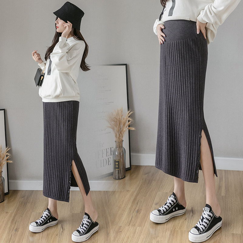 Pregnant woman half-body dress Autumn winter medium long version open fork Belly Knit Dress Spring Autumn Season Outwear Pure Color Sashimi Bag Arm Skirt