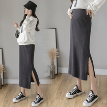 Pregnant womens skirt autumn and winter long split belly knit skirt spring and autumn wear solid color slim arm skirt