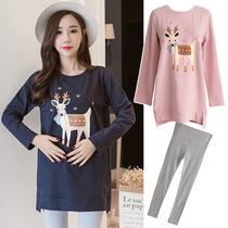Pregnant women fashion set Autumn 2020 new Korean version of loose medium length sweater clothes out top pants two-piece set