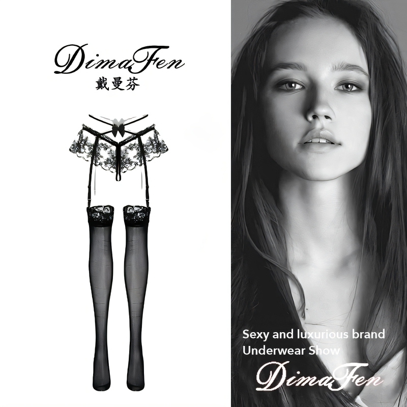 【Dai Manfen】French-Style Sexy Lace Cross-Cut Hollow Over-The-Knee Black Silk Garter Stockings with Open Crotch and Pure Desire Lace Stockings