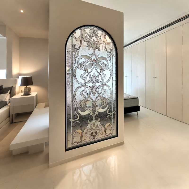 Tiffany Stained Glass Partition Wall Screen for Living Room and Bathroom, French-Style Church Art Glass, Translucent Half-Wall Tiffany Stained Glass Partition Wall Screen for Living Room and Bathroom, French-Style Church Art Glass, Translucent Half-Wall