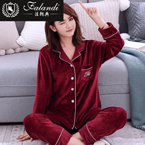 FALANDI autumn and winter gold velvet pajamas womens suit open buckle warm long-sleeved flannel two-piece home clothes