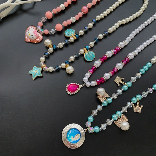 Детское ожерелье, бусины из жемчуга, аксессуар, серьги для принцессы, кольцо, браслет, клипсы, милый комплект