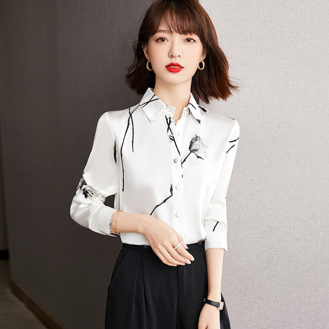 Early spring 2022 new silk tops chiffon shirts ladies high-end long-sleeved printed temperament Western-style shirts