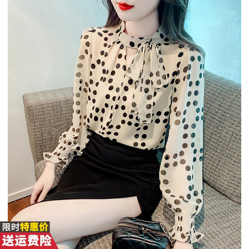 Spring Bow-Knot Polka-Dot Long-Sleeved Chiffon Shirt for Women, Spring 2026 New Women's Clothing, French Chic and Beautiful Blouse