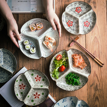 Underglaze color three-grid plate Creative Japanese ceramic plate Snack plate garnish plate Seasoning plate Household flat plate dish plate