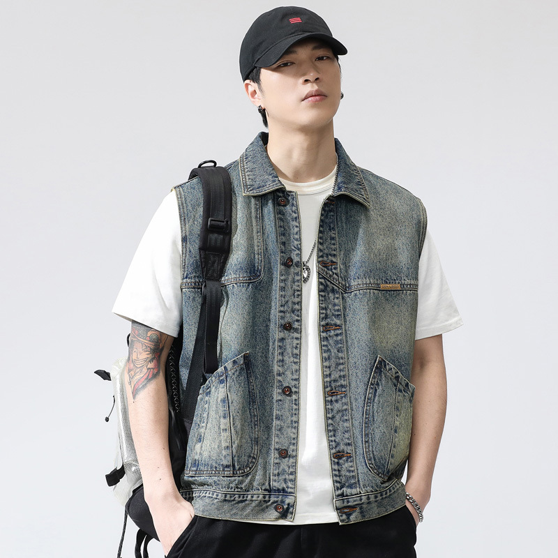 Spring and Autumn Denim Vest for Men, American Retro Workwear Sleeveless Jacket, 2026 Spring New Casual Loose Vest