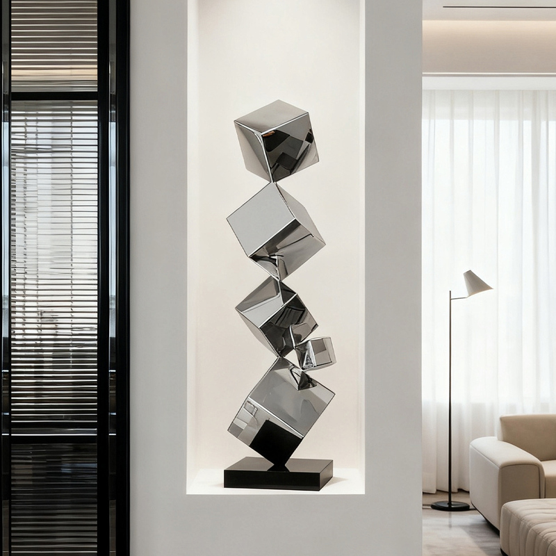 Modern Minimalist Geometric Stainless Steel Sculpture Artwork Light Luxury High-End Hotel Lobby Entrance Niche Tabletop Decoration