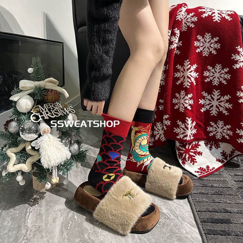 Ssweatshop New Year Ab Year of the Dragon Christmas Halloween Street Style Couple Creative ins Trendy Mid-Calf Socks for Women