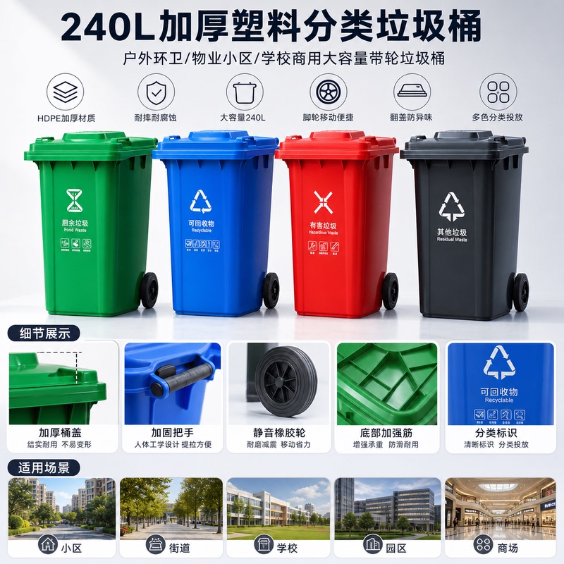 Yunnan Outdoor 240-Liter Plastic Garbage Sorting Trailer with Pedals, Large Capacity, Thickened, with Lid, Commercial Sanitation Use