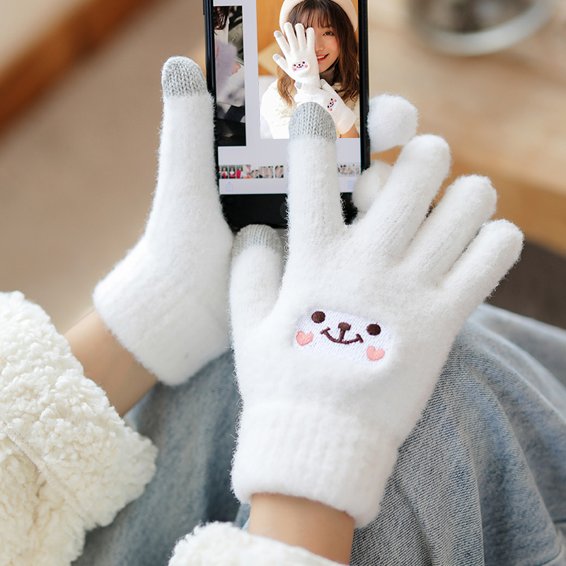 Rosex Tangk Gloves Winter Woman Warm Day Ensemble Korean Version Five Finger Plus Suede Touch Screen Knit Wool Cord Gloves Tide