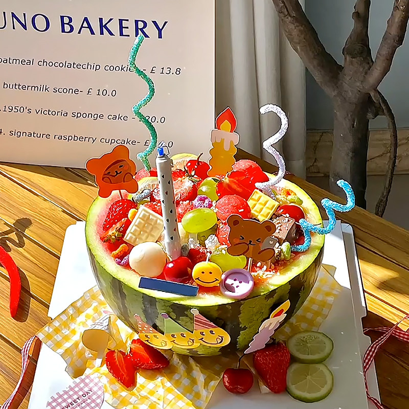 Summer fruit watermelon durian honeydew melon cake decoration plug-in Internet celebrity ins wind birthday cake bear twist strip