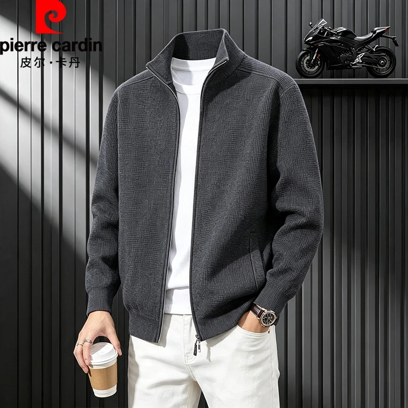 Pierre Cardin Autumn Men's Stand Collar Knitted Cardigan Casual Loose Versatile Sweater Jacket Business Long Sleeve Jacket