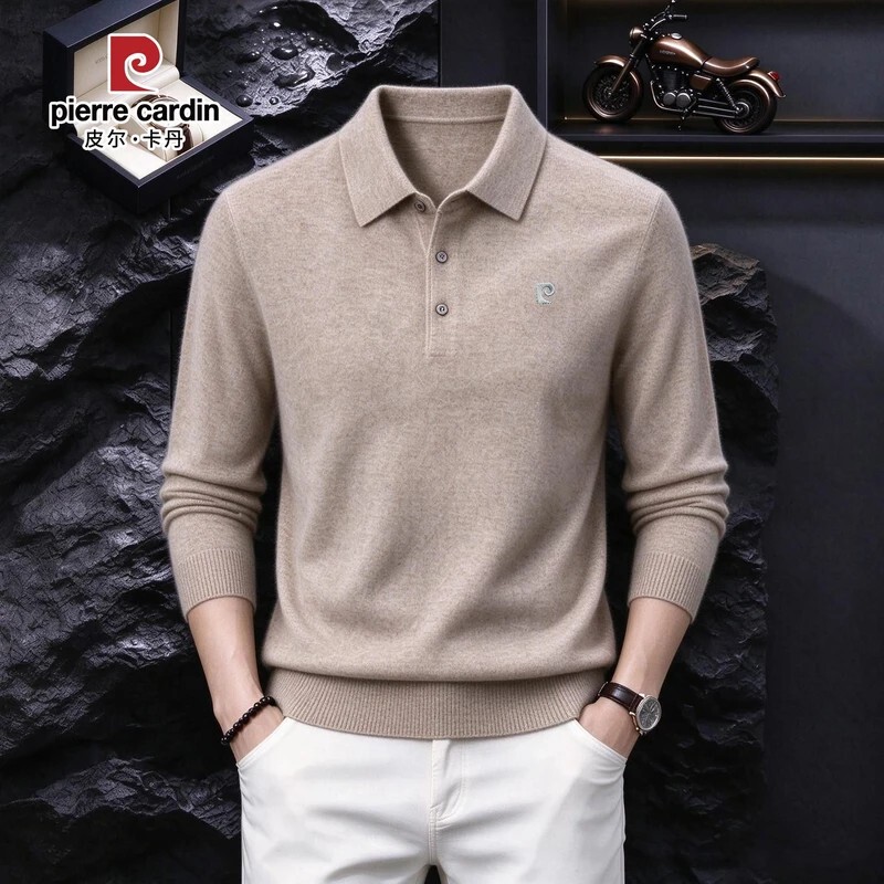 Pierre Cardin [100% Sheep Wool·Anti-Static] Machine Washable High-End Men's Ultra-Fine Worsted Long-Sleeved Knitwear
