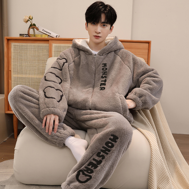 Men's Pajamas Winter Coral Velvet Thickened Fleece-Lined Warm Zipper Youth Autumn and Winter Flannel Home Wear Set Men's Pajamas Winter Coral Velvet Thickened Fleece-Lined Warm Zipper Youth Autumn and Winter Flannel Home Wear Set