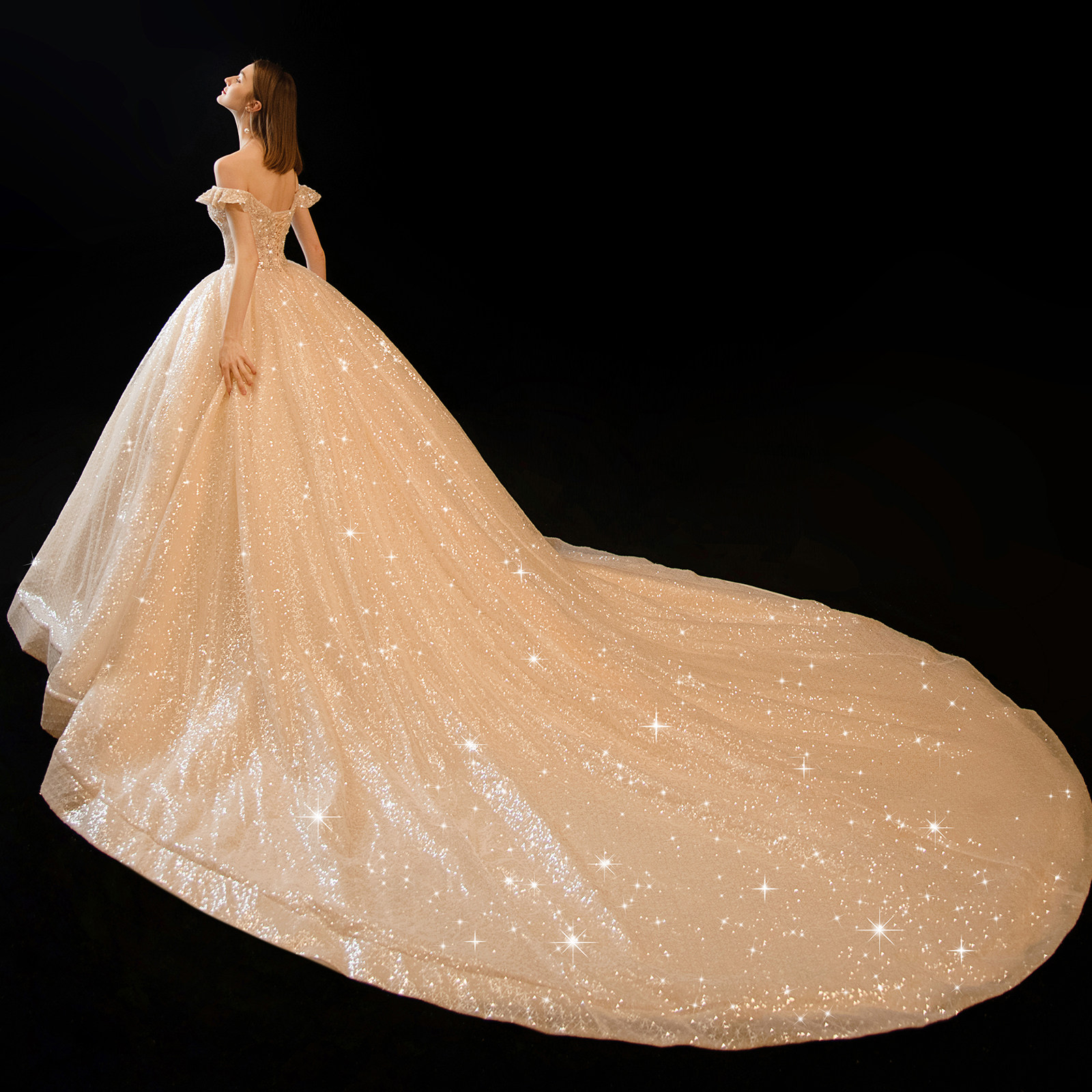 Man Ting Fang (Ode to the Star Moon) Starry Sky Lord Wedding Dress 2021 New Bridal Heavy Industry Luxury Court Word Shoulder Tail