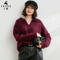 Autumn and winter new polo collar cashmere sweater womens thickened pullover sweater loose and lazy solid color cashmere knitted bottoming shirt