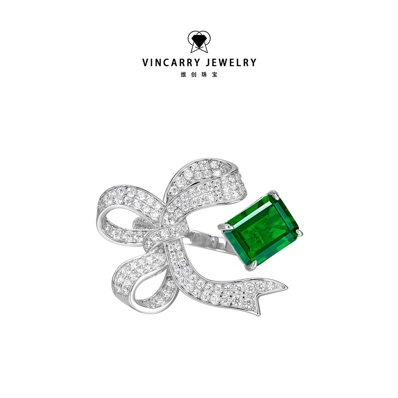 18K gold bow emerald ring for women