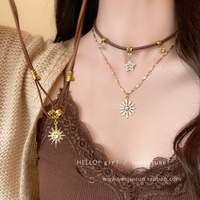 Maillard Sunflower Leather Rope Necklace Women's Resort Style Bohemian Retro Stacked Choker Clavicle Chain Accessories