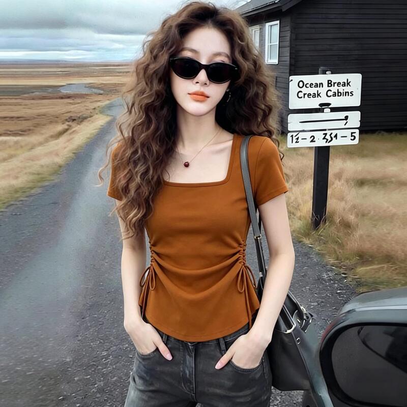 2026 New Summer Style Women's Tops, Stylish and Age-Reducing, High-End Design, Pleated Waistband, Pure Color Short-Sleeved T-Shirt