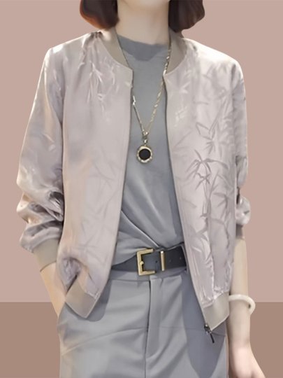 Bamboo Leaf Print Short Jacket for Women, New Summer Style, Zipper Cardigan, Thin Baseball Jacket, Versatile and Stylish Long-Sleeve Top