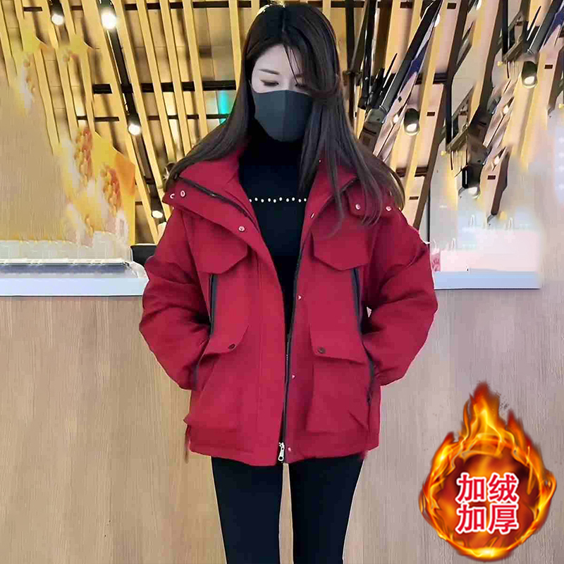 2026 Autumn/Winter New Women's Korean Style Fleece-Lined Hooded Jacket Loose Workwear Cotton Coat Thick Short Jacket Cotton Padded Jacket