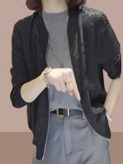 Bamboo Leaf Print Short Jacket for Women, New Summer Style, Zipper Cardigan, Thin Baseball Jacket, Versatile and Stylish Long-Sleeve Top