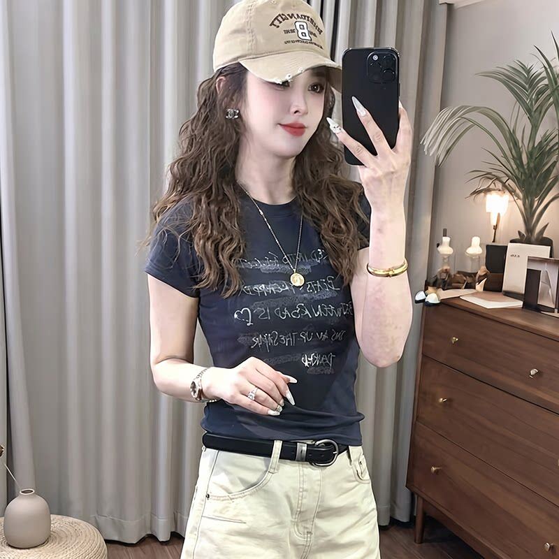 美式辣妹风小个子正肩字母上衣短袖女爆款夏季小众设计感时尚t恤