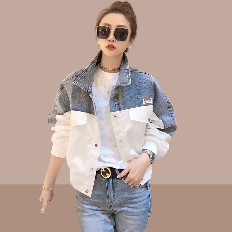 2026 Spring and Autumn New Trendy Fashion Color-Block Denim Patchwork Jacket Casual Loose Short Top Korean Style Women's Clothing