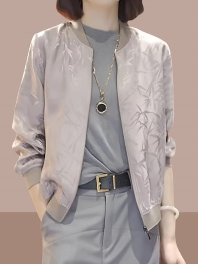 Bamboo Leaf Print Short Jacket for Women, New Summer Style, Zipper Cardigan, Thin Baseball Jacket, Versatile and Stylish Long-Sleeve Top