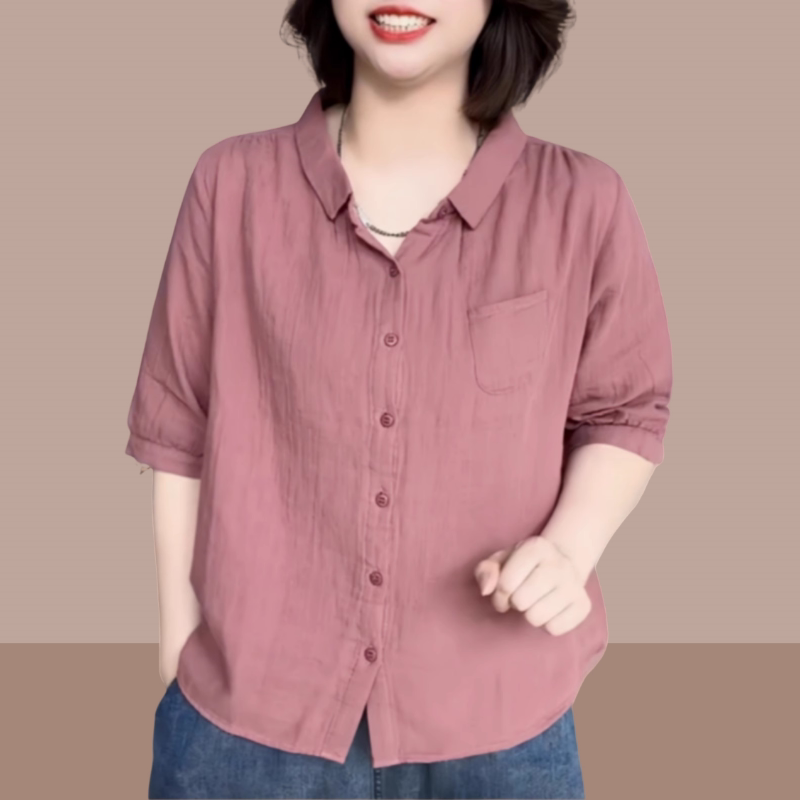 Thin Cotton and Linen Women's Shirt 2026 Summer New Vintage Solid Color Turn-Down Collar Short-Sleeve Loose Slimming Cardigan Top