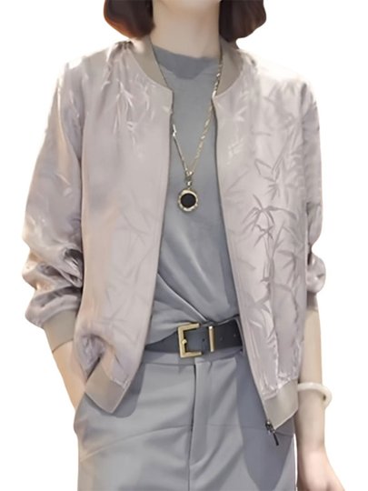 Bamboo Leaf Print Short Jacket for Women, New Summer Style, Zipper Cardigan, Thin Baseball Jacket, Versatile and Stylish Long-Sleeve Top