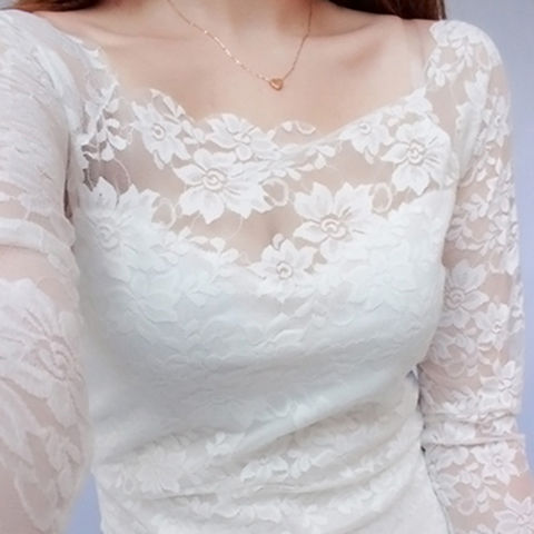 Lace Base Shirt for Women, Long-Sleeved, 2024 Korean Style, Spring and Autumn, Transparent, Sexy, Hollow Lace Top, Off-Shoulder Blouse