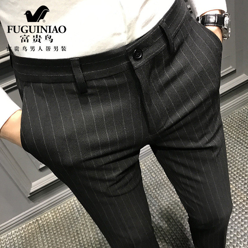 Rich and bird spring striped casual Western pants men's body Han version narrow tube tight fit pants Inron men's pants trendy men's clothing