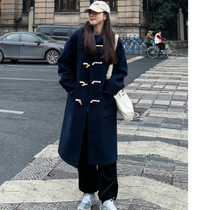 Monicas summer and winter student horn button coat mid-length Japanese Korean version wool woolen hooded jacket women