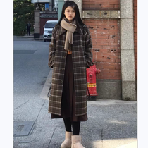 2022 winter wool retro British mid-length coffee-colored plaid woolen coat womens plaid wool coat mid-length