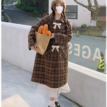 2022 French retro winter British sweet plaid wool coat bow design woolen womens mid-length