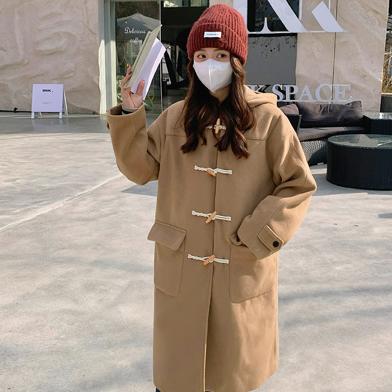 Monica's summer Japanese college horn button coat women's mid-length hooded coat student coat women's winter