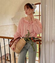French round-collar high-embroidered pastoral shirt female with striped court wind lantern sleeve shirt shirt