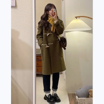Retro British style green horn button coat womens mid-length Japanese woolen coat design sense of niche high-end