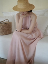 Nice summer new flax holiday hanging neck sleeveless dress a word long skirt French gentle and windy temperament