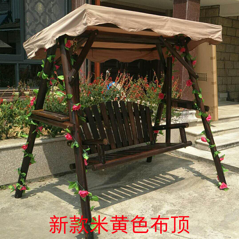 Round Wood With Flower Vine & Beige TopAnticorrosive wood solid wood swing Double to ground Rain proof Sunscreen Ceiling balcony Hanging chair courtyard outdoors Carbonized wood Rocking chair