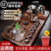 Purple sand kung fu tea set household simple ceramic tea cup automatic electric heating magnetic stove tea table solid wood tea tray