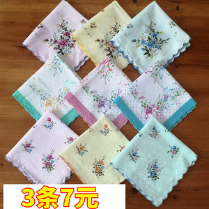 3 Small Handkerchiefs, Floral Pattern, Crescent Edge, Pure Cotton, Women's and Children's Sweat Towels, Elderly All-Cotton Handkerchiefs, Old-Fashioned and Nostalgic