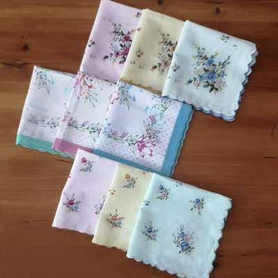 This handkerchief is made of 100% cotton with crescent-shaped edges and lace. It's a retro pure cotton handkerchief for ladies and children with free shipping. It's a childhood memory