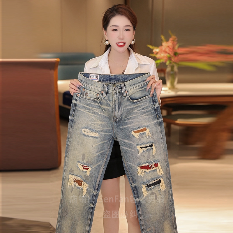 Autumn and Winter New High-End Men's Embroidered Jeans, Vintage Blue Hong Kong Style Washed Straight-Leg with Fake Patches and Ripped Holes