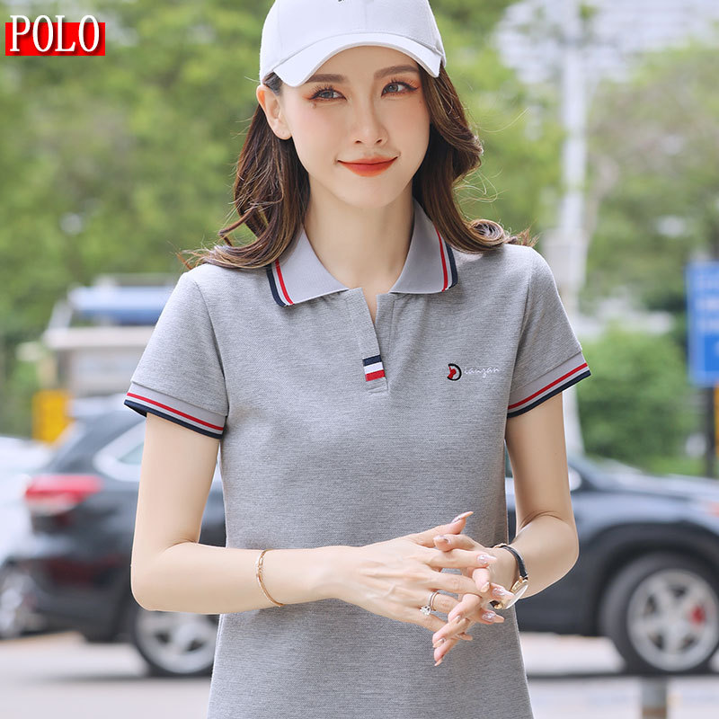 Polo Shirt Short-Sleeved Women's Summer Fashion Pure Cotton Mesh T-Shirt Loose Middle-Aged Lapel Half-Sleeved Gray Paul T-Shirt