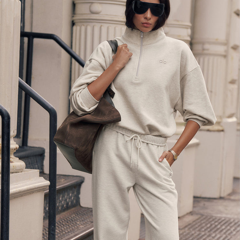 Alo Casual Sports Style Half-Zip Sweatshirt Suit for Women, Winter Loose Two-Piece Sports Outfit